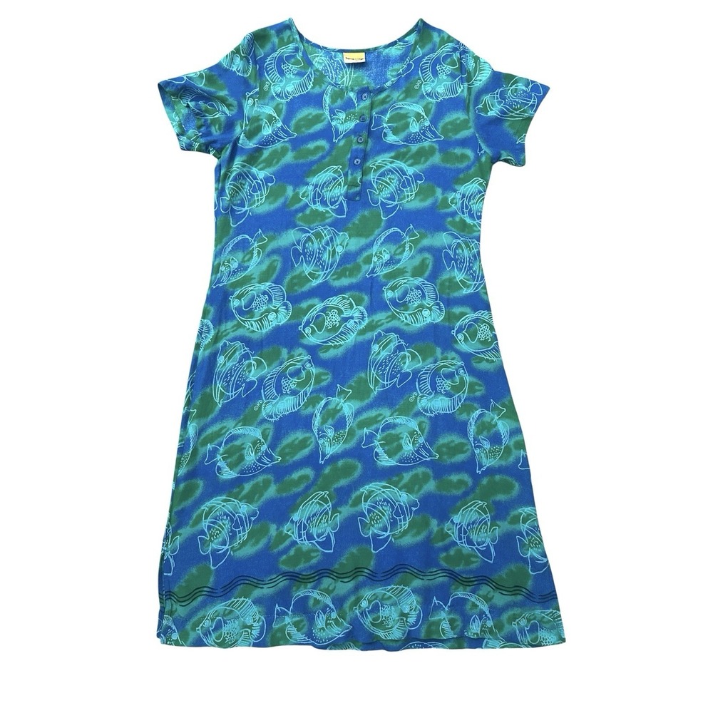 Vintage Ken Done Down Under Dress Large Blue Tropical Fish Maxi Sundress Resort